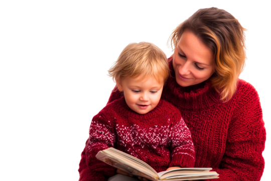 portrait of blond couple: mother and her son in cozy winter red sweaters sitting and enjoying reading a book; they are  isolated over white (transparent)