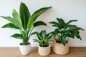 Obraz premium Three potted plants wooden floor against white wall Different tropical large houseplants