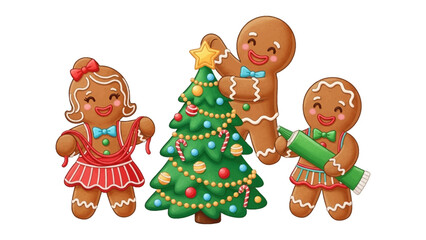 Gingerbread Joy: Festive gingerbread figures gather around a decorated Christmas tree, evoking warmth and holiday cheer, setting a joyful scene with playful colors and delightful details.