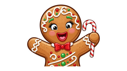 Joyful Gingerbread Delight: A cheerful gingerbread man, adorned with sweet details, gleefully holds a candy cane, evoking the festive spirit and sweetness. 