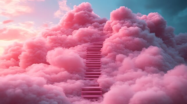 A stairway to heaven amidst fluffy pink clouds leading toward a light blue sky