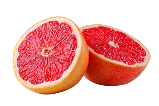 Two halves of a ripe pink grapefruit on a black background studio shot