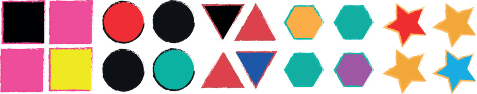 Modern Colourful Ink-Brush Grunge Abstract Background Series Incorporating Textured Artistic Shapes such as Triangle, Circle, Square, and Hexagon for Creative Design Projects