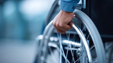 A close up of a person's hand gripping the wheel on their wheelchair, with an out-of-focus background