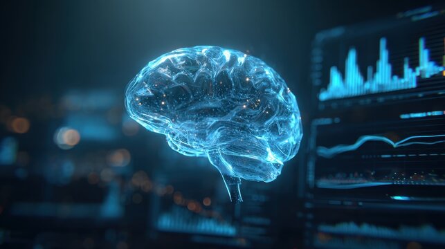 A glowing digital brain surrounded by data graphs showcases the power of neuroscience and technology.