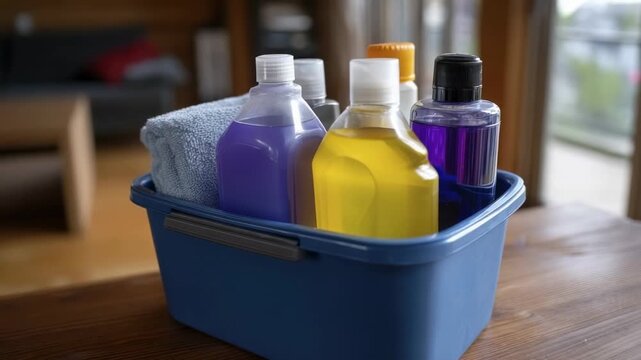 A blue caddy holds a light blue towel and several bottles of purple yellow and clear liquid on a wooden surface indoors