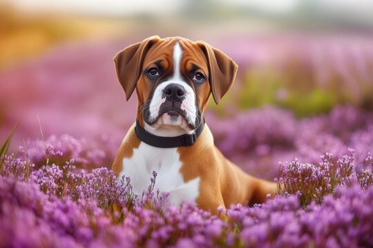 Close-up boxer dog sitting field purple flowers looking