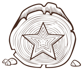 Woodcut inspired log cross section featuring layered star symbol and intricate tree growth rings design