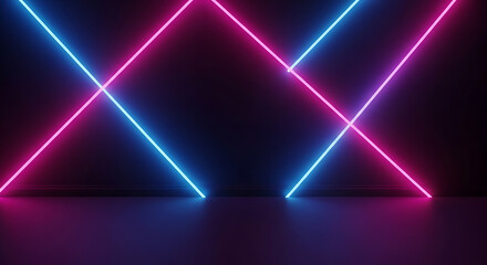 Obraz premium Intersecting Neon Light Beams in Pink and Blue on Dark Background for Futuristic Design and Visual Impact, 4K image 