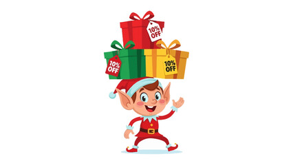 Holiday Elf with Gift Offer: A cheerful elf balancing an array of beautifully wrapped gift boxes, each with a discount tag, evokes the excitement of holiday shopping and gift-giving.