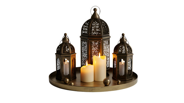 Warm glow of ornate lanterns and pillar candles creates a serene, inviting ambiance perfect for festive celebrations and spiritual moments. - Powered by Adobe