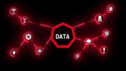 Futuristic red digital interface visualizing data management and security concept with glowing network icons representing analytics, 5G, and cloud systems. - Powered by Adobe