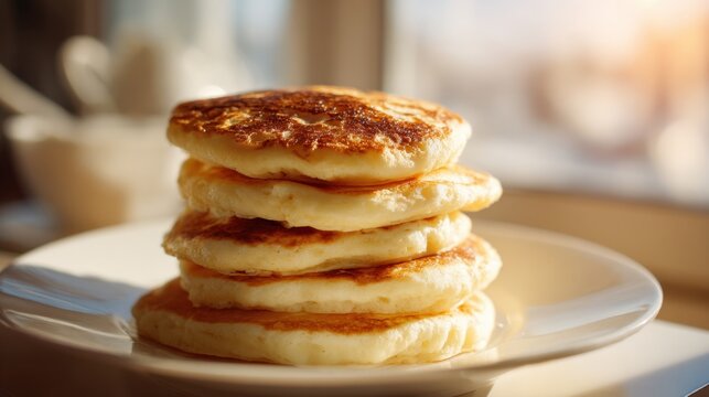 Fluffy pancakes are stacked high on a plate glowing in the warm morning light ready to be enjoyed.