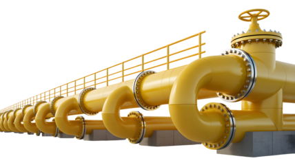 Expansive industrial pipeline system with vibrant yellow pipes, valves, and safety railings, conveying energy transport and infrastructure.