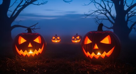 Spooky Jack O Lanterns Glowing In The Dark Foggy Night