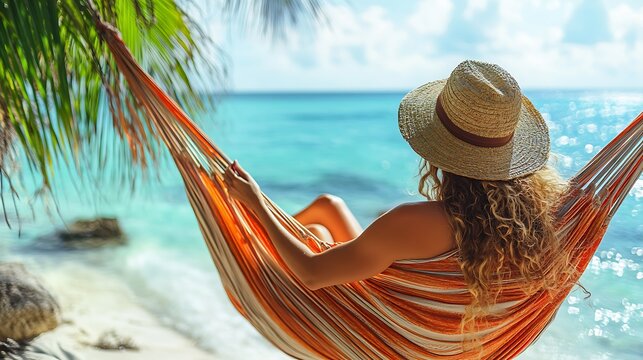 Woman relaxing in hammock near the sea with a hat and palm tree in summer day