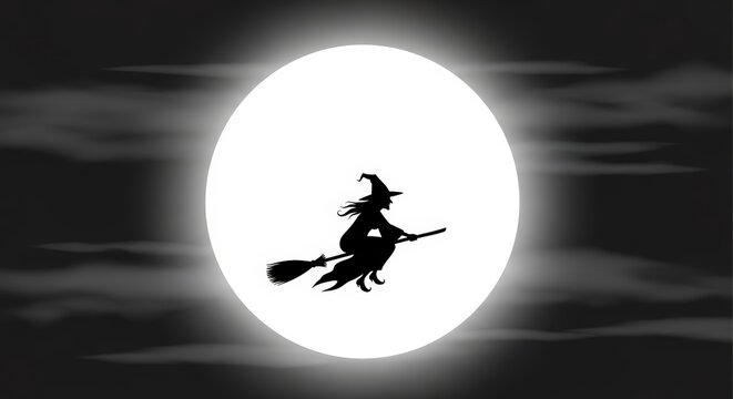 Mysterious silhouette of a witch flying on her broomstick against a large full moon background