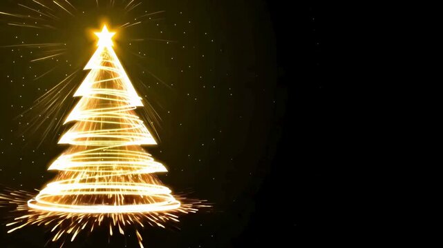Christmas Tree Gold Light Streak Reveal, Golden Sparkler Animation with Star on Dark Background