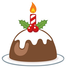 Festive Christmas Pudding with Burning Candle and Holly Decoration