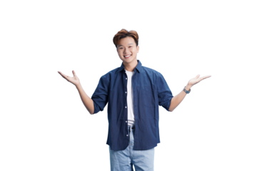 A Welcoming Gesture: A charismatic person in casual attire extends both arms with an open smile, embodying approachability and warmth. 