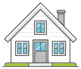 Cute simple white house illustration with a gray roof chimney and blue windows