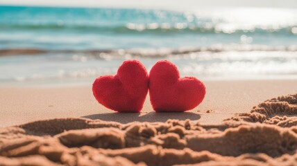 Fototapeta premium Two red hearts on a sandy beach with ocean waves in soft focus background