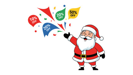 Festive Savings: Santa Claus joyfully launches a shower of sale offers and discount, offering delightful deals to customers during the holiday season.