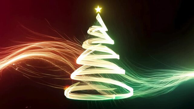 Christmas Tree Light Streak Reveal, Red and Green Abstract Waves with Gold Star, Holiday Animation