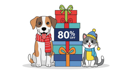 Festive Furry Friends: A charming illustration featuring a dog and cat adorned with winter accessories, presented with a stack of gift boxes offering an 80% OFF sale, perfect for holiday promotions.