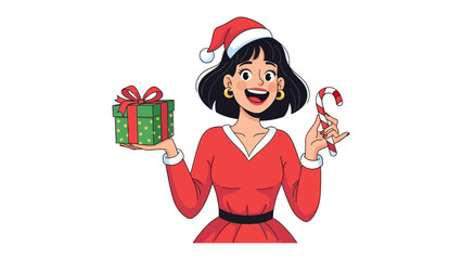 Holiday Cheer in Red: A joyful person, adorned in a festive red outfit and a classic Santa hat, radiates the season's warmth while holding a wrapped gift and a candy cane.