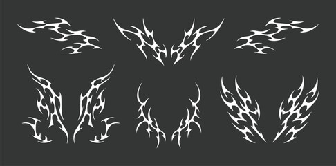 Set y2k neo tribal sigilism tatto pack. Flame shape in liquid mercury. abstract neo tribal cyber sigil gothic melted modern burn form, design element. 2d vector illustration