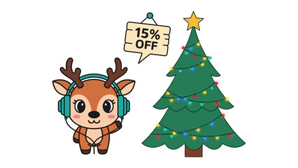 Festive Season Discount: A cheerful illustration showcases a deer with headphones and a Christmas tree with offer sign creating a joyful festive atmosphere for celebration.