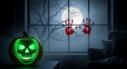 Ominous pumpkin skull and Bloody handprint of a foggy window: Halloween pumpkin with glowing skull and blood-stained window  