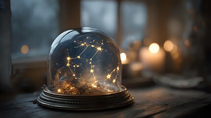 Dreamlike attic observatory with floating constellations in a jar smoky gray lenses deep indigo canopy candlelight gold rim glow focused magical realism
