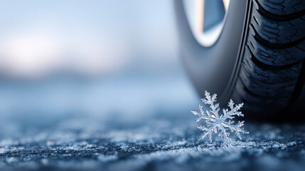 A closeup of a snowflake on the road next to a tire with deep treads, indicating it is winter and cold outside.