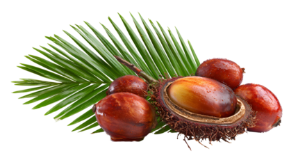 Freshly harvested palm oil fruit bunch with green fronds on black background