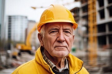 Elderly man wearing yellow hard hat jacket He Very old sad