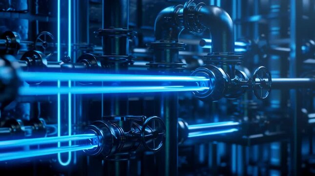 A futuristic blue energy flow concept visualizing liquid hydrogen system, glowing blue lines representing hydrogen flow through cryogenic metal pipes and valves, cool blue lighting, cold vapor effect,
