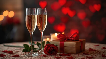 Romantic celebration with champagne glasses and red rose gift