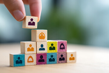 Hand placing person icon block on pyramid of diverse team members, symbolizing HR and recruitment.