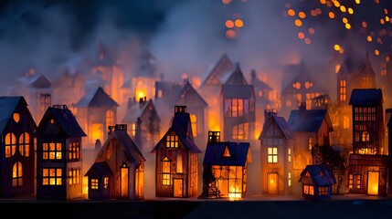 Halloween village fair with glowing paper crafts and hanging lanterns smoky gray haze deep indigo twilight candlelight gold highlights focused community charm