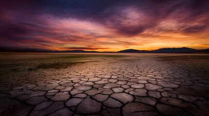 Drought stricken land meets fiery sunset a stark beauty of environmental desolation