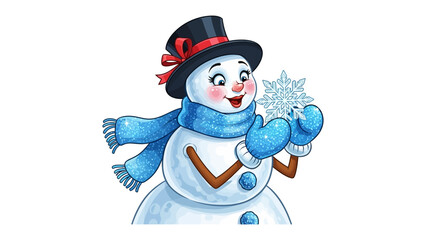 Snowy Wonder: A charming snowman, adorned with a top hat and cozy scarf, delicately cradles a shimmering snowflake, capturing the magic of winter.