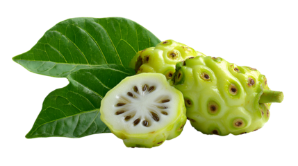 Fresh noni fruit and leaves isolated on black background for healthy lifestyle
