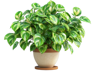 Potted pothos lush green leaves, light variegation, beige pot, brown base