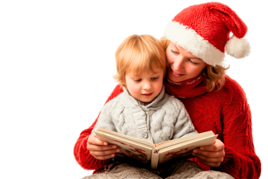 scandinavian woman in red sweater and christmas hat is holding her curious and sweet pre-school son and reading a book with him; family isolated over white (transparent) background