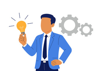 Businessman holding glowing light bulb symbolizing creative idea and innovation. Problem solving, brainstorming and startup concept illustration.
