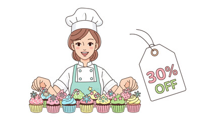 Cupcake Chef's Delight: A culinary artisan, adorned in a chef's hat and apron, presents an array of exquisitely decorated cupcakes, accompanied by a tempting 30% off tag.