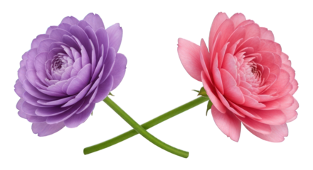 Purple and pink ranunculus flowers with crossed stems on a black backdrop
