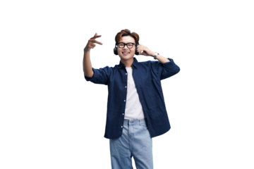 Melodic Joy: A man wears eyeglasses, with headphones enjoying listening, a dance move of freedom.